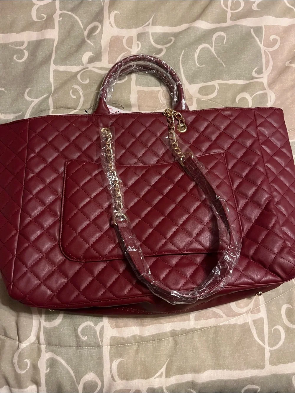 Quilted Burgundy Women’s Tote with Gold Chain Straps